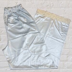 VINTAGE Light Blue Satin Cream Lace Hem Elastic Waist Straight Leg Pajama Pants